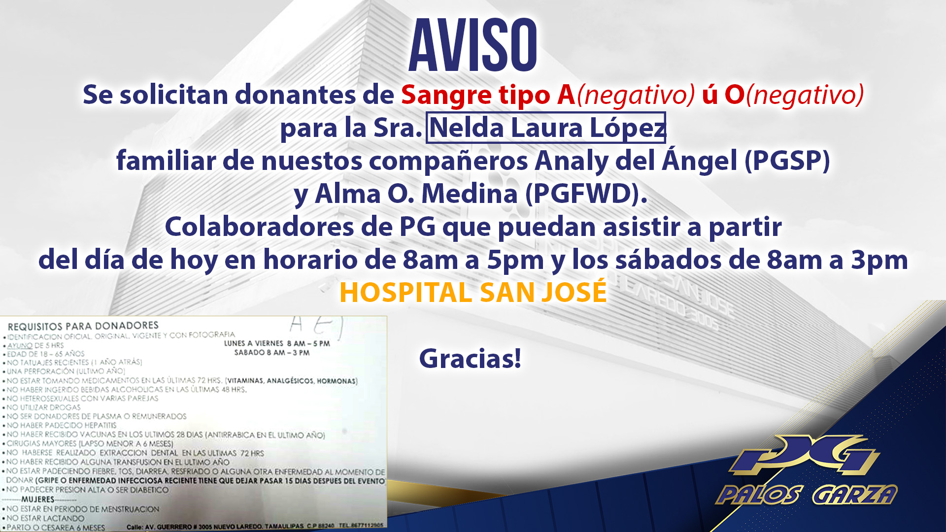 Solicitud de apoyo- Donadores de sangre para la Sra. Nelda López 